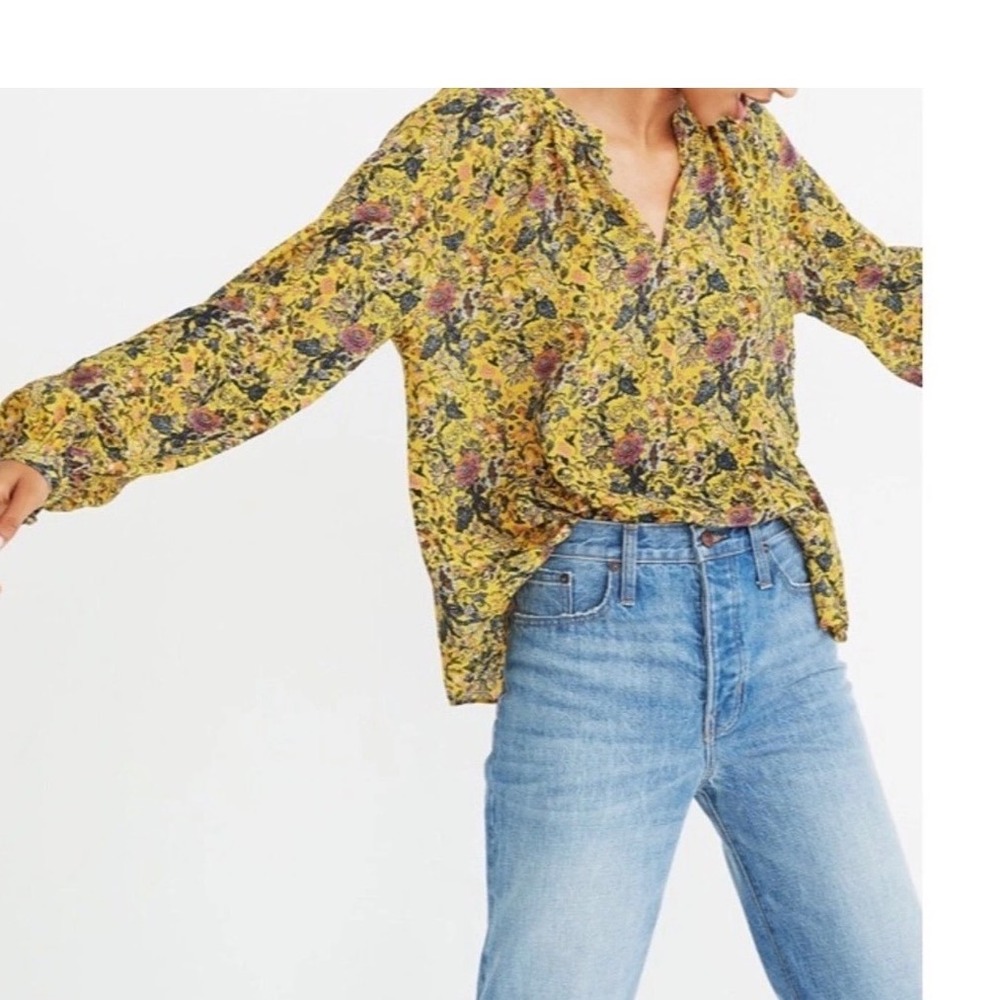 Madewell x Karen Walker Yellow Floral Silk Tie Back Blouse Women Sm Boho Cottage